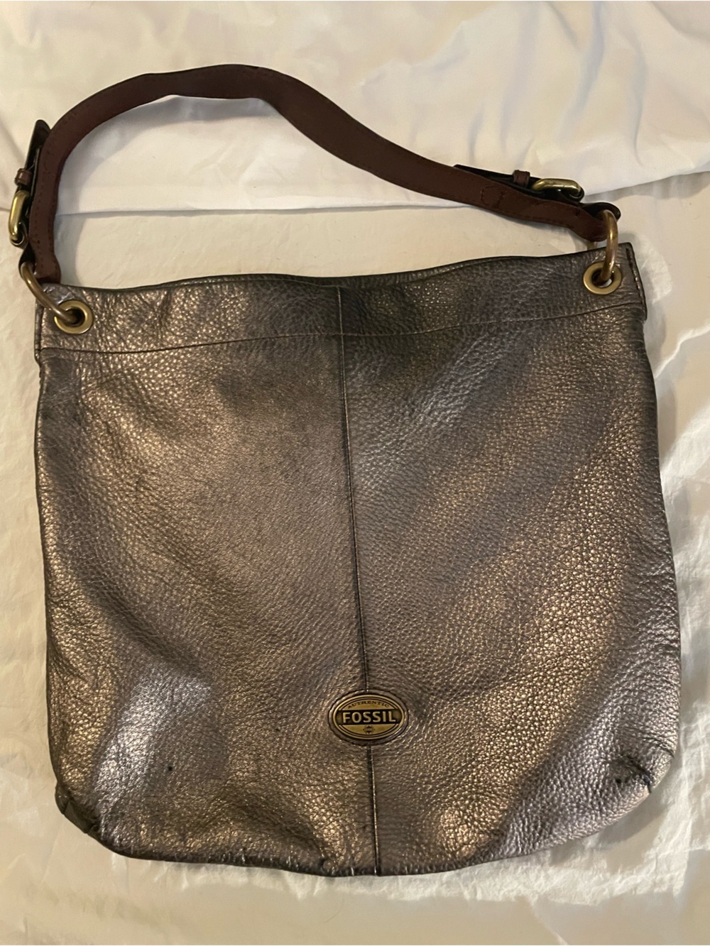 Fossil Metallic Pewter Leather Hobo Shoulder Bag with Brown Strap